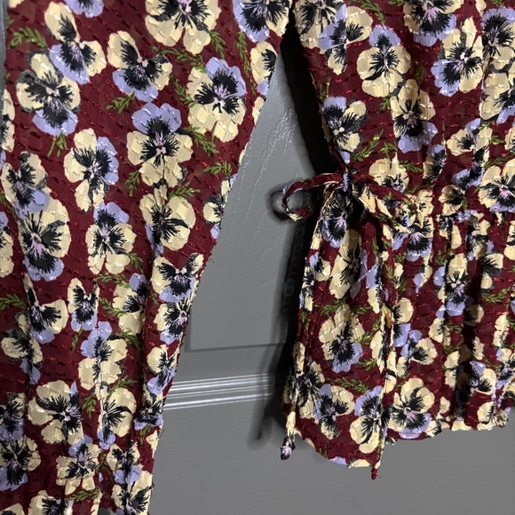 Madewell Drawstring Ruffle-Hem Top Viola Floral Pansy Print S - Picture 4 of 10